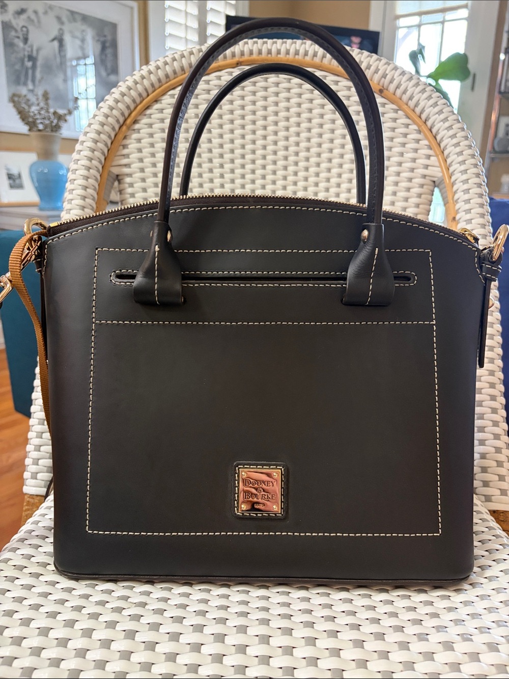 Dooney & Bourke Black Leather Satchel with Contrast Stitching